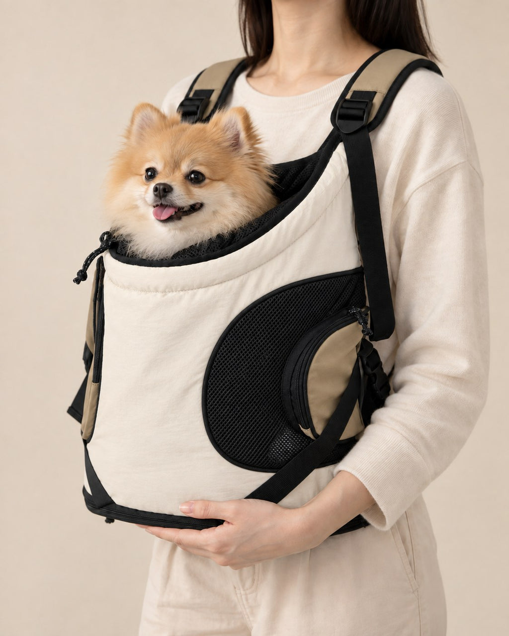 Krem Kucak Kanguru Taşıma Çantası — Pomeranian
