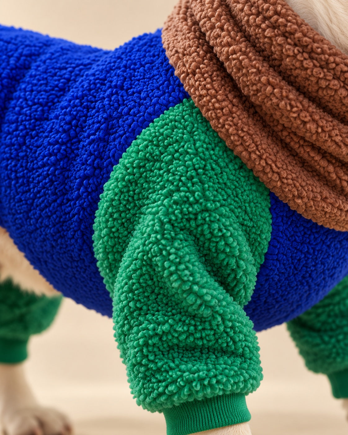 Lokum Sherpa Dog Suit — fabric and fastening detail