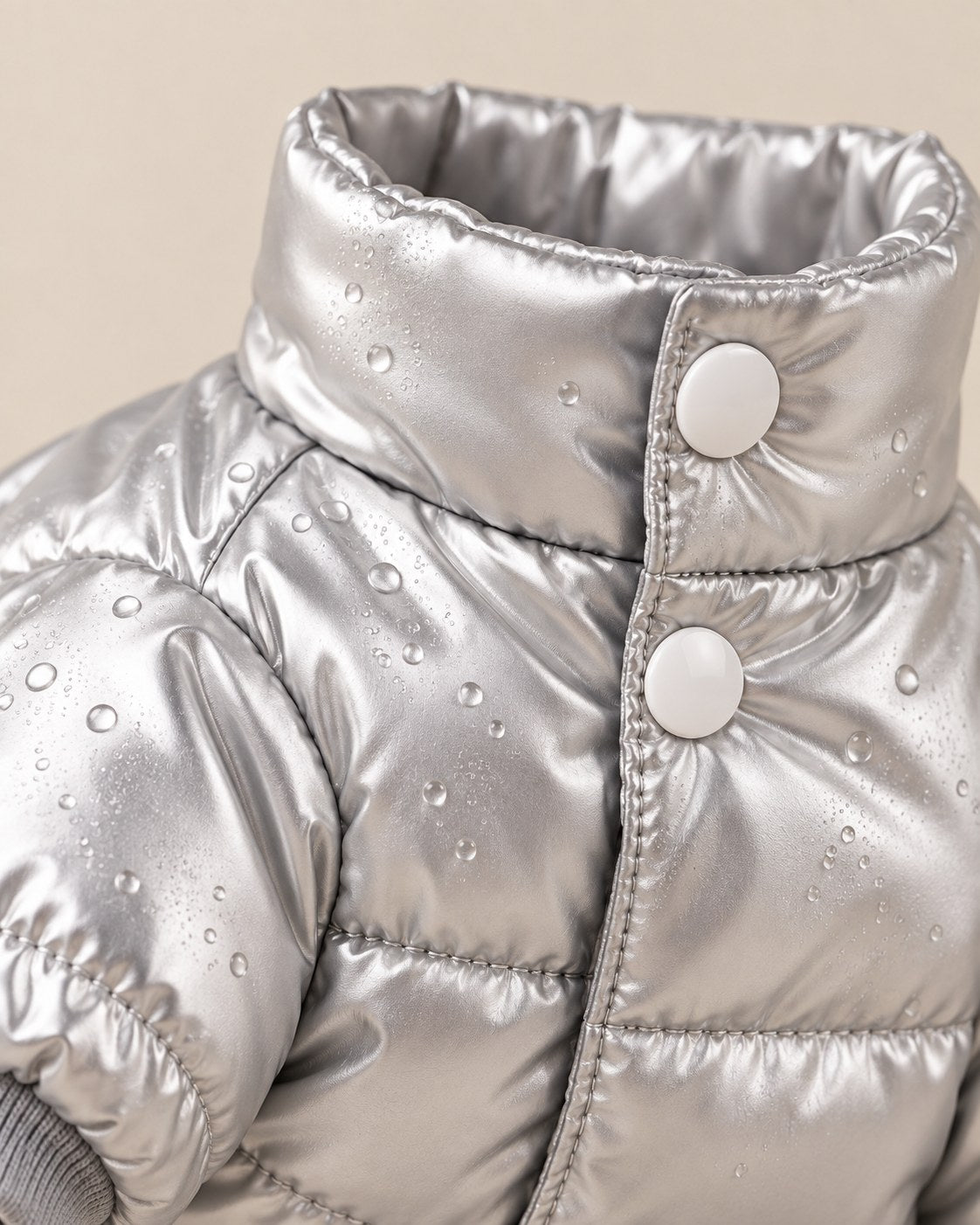 Mehtap Metallic Puffer Jacket — fabric and fastening detail