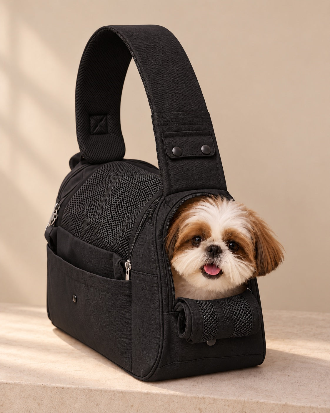 Siyah Sedef Yapılı Sling Taşıma Çantası — Shih Tzu