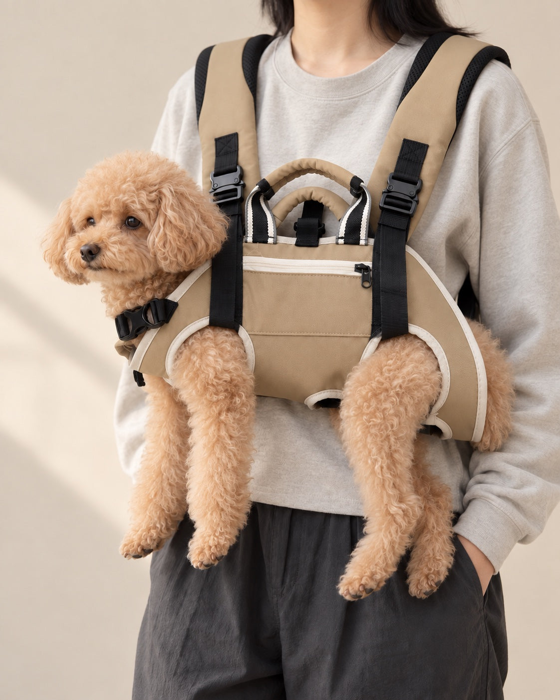 Bej Yoldaş Çift Omuz Taşıma Çantası — Toy Poodle